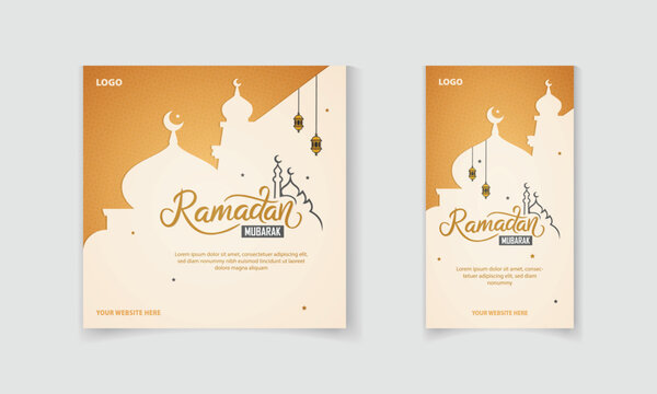 Ramadan Mubarak social media post and story template with Islamic pattern, masjid, moon, lamp vector