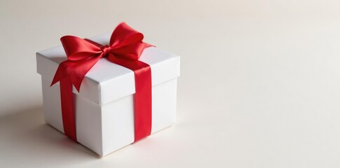 Obraz premium Elegant gift box wrapped in white paper with a red ribbon tied at the top, Red Ribbon, Present