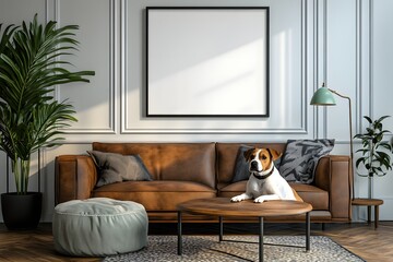 Elegant Living Room Interior with Brown Leather Sofa and Blank Frame Featuring a Cute Dog