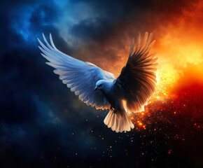 Obraz premium A stunning portrayal of a white dove soaring through a dramatic backdrop of dark clouds and fiery hues, symbolizing hope, peace, and transcendence amidst chaos.