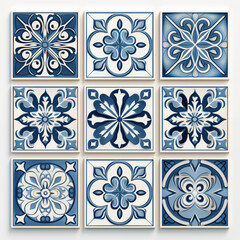 Blue and White Floral Tile Pattern Set Azulejo Style  Square Ceramic Tiles