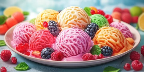 Colorful arrangement of assorted ice cream scoops topped with fresh fruits on a vibrant background