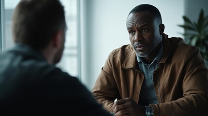 A detective questioning a suspect in a bright interrogation room. Featuring tension and analysis