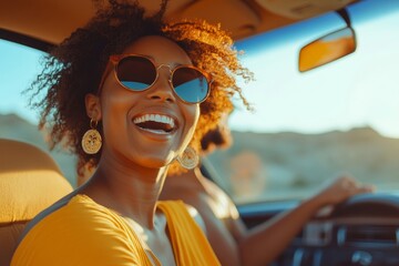 Perfect road trip. Excited spouses in sunglasses driving car, enjoying music and singing favorite song, windshield view