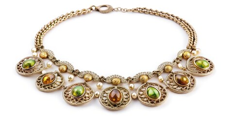 Obraz premium Antique Gold Necklace with Green and Amber Gemstones on White Background