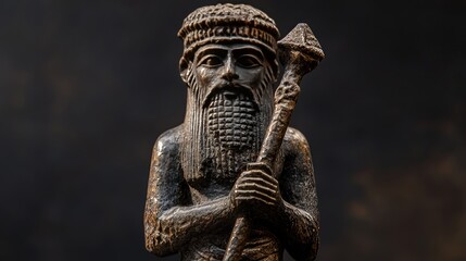Bronze Statue Of Sumerian King With A Textured Beard And Holding A Staff. Ancient Civilization Artifact.