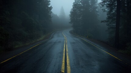 Winding mountain road through a misty forest on a rainy day.