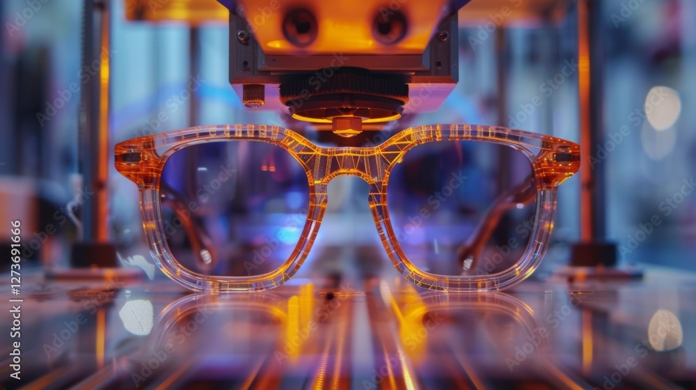 Poster orange framed glasses are being precisely created under a high tech printer in a factory environment