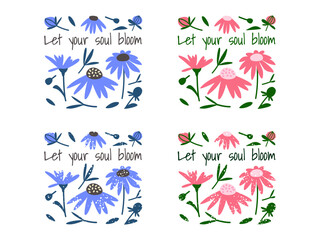 Flower clip art set includes hand-drawn wildflower elements and silhouettes. Nature-inspired minimalistic and simple bundle. Vector illustration.