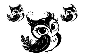 Owl decorated design. Cute cartoon owls. Silhouette vector flat illustration. Cutting file. Suitable for cutting software. Cricut, Silhouette. 