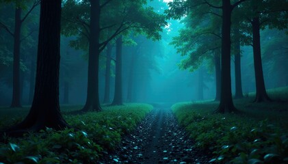 Glowing forest with neon green and blue glow background, night scene, natural landscape, blue glow
