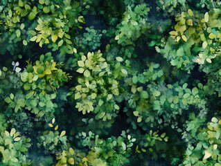 Aerial view of lush forest depicted in detailed watercolor style, showcasing vibrant green foliage and intricate textures. artwork captures essence of nature beauty