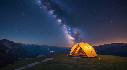 Mountain Camping Under a Starry Night Sky with a Glowing Tent
