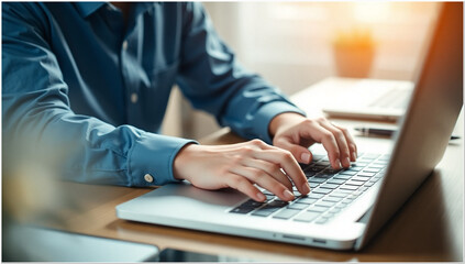 Hands typing on laptop keyboard, close-up shot, wooden desk, coffee mug, natural lighting, office environment, professional setting, blue shirt sleeve, productivity, focus, technology, working from ho