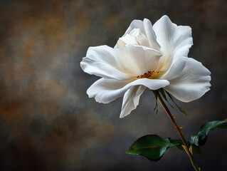 Obraz premium This stunning white rose showcases delicate petals and vibrant greenery, set against a soft, textured background.