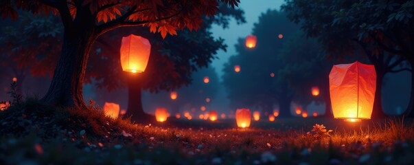 Lanterns scatter across trees like fireflies at dusk, night, soft glow