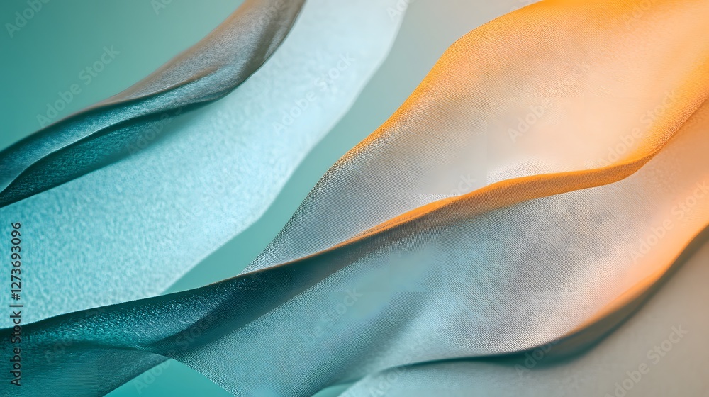 Poster abstract flowing fabric waves in blue and orange, soft gradient background with smooth texture
