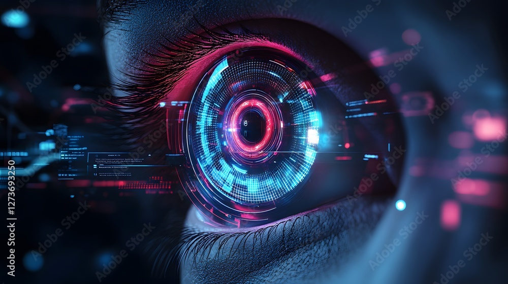 Poster futuristic cybernetic eye with digital augmented reality interface, concept of ai and advanced techn