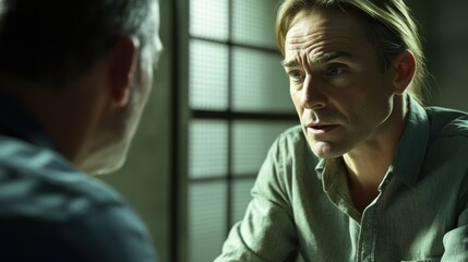 A detective questioning a witness at a police station. Featuring interrogation and investigation