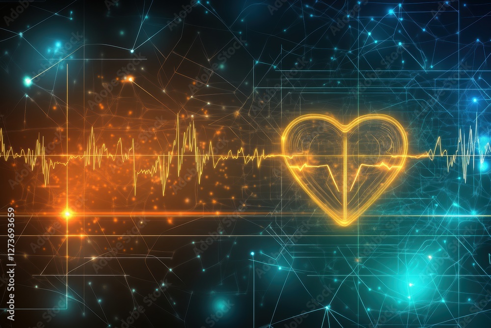 Poster heartbeat visualization with abstract neon lines and digital elements