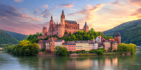 Obraz premium Experience the breathtaking beauty of Heidelberg Castle, perched elegantly above the Neckar River, surrounded by lush hills and charming architecture, capturing a magical sunset glow.