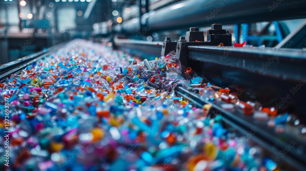 Poster plastic scraps in various colors are seen flowing on a conveyor belt at a recycling plant. the facil