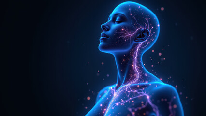 A digital art representation featuring a human head with cosmic elements and VNS, emphasizing a concept of mind-body connection or brain-directed healing.
