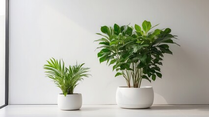Fototapeta premium A modern indoor plant in a white pot stands out against a minimalist wall, bringing nature into a modern atmosphere. The vivid green leaves contrast well with neutral tones. 