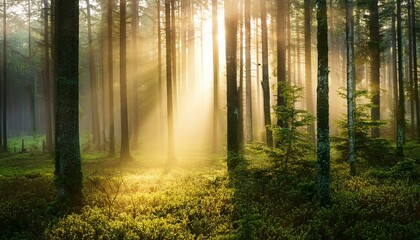 magical light in misty forest with the rays of gold sunlight illuminating the fog and vegetation and the tree trunks silhouettes creating depth panoramic shot