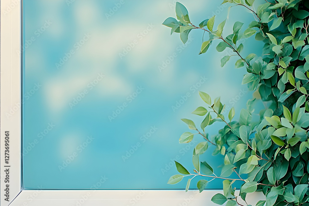 Poster Fresh greenery border on a light blue window