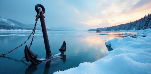 Fototapeta premium Anchor submerged under ice on the surface of a frozen lake, ferry, frozen, boat