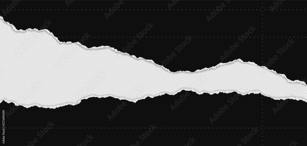 Poster black piece of paper with torn edges and soft shadow are on white background for text or ad.