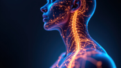 Vagus Nerve Stimulation (VNS) illustrated with colorful depiction of a human head, neck, and torso highlighting internal nerves and brain regions.