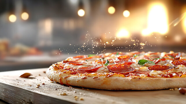 Delicious pepperoni pizza cozy restaurant kitchen food photography warm lighting close-up culinary delight
