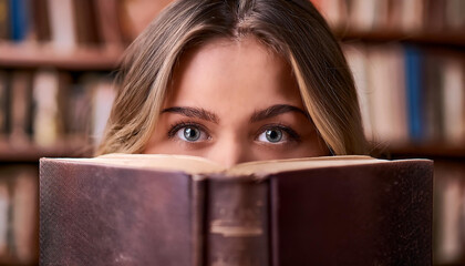 Junge Frau hinter einem Buch