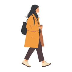 A woman wearing jacket walking illustration coffee vector