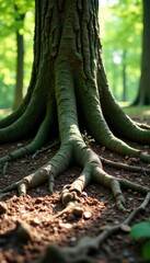 Ancient tree roots exposed in the forest floor, dry, tree