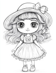 Fototapeta premium Beautiful and cute doll in a dress for colouring, black and white illustration for a colouring book
