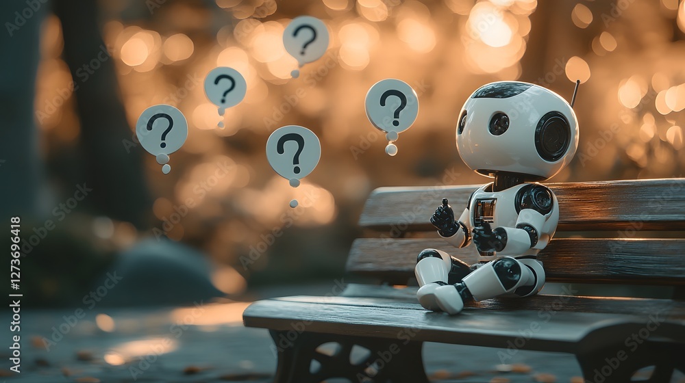 Poster cute robot sitting on a bench with floating question marks in a thoughtful pose