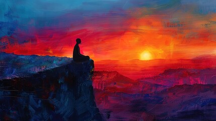 A silhouette of a contemplative figure sits peacefully on a cliff, gazing at a vibrant sunset over the mountainous horizon.