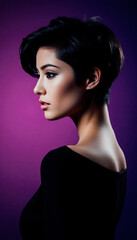 Fototapeta premium Stylish woman with short black hair posing elegantly against a purple background.