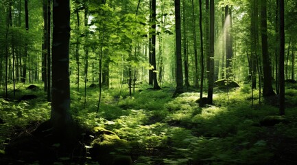 Obraz premium Sunlight shines on a forest of trees and lush vegetation. Use for nature and environment stock photos