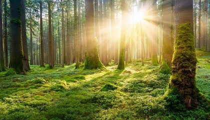 Obraz premium image of beautiful forest with sunlight and fairy tale mood