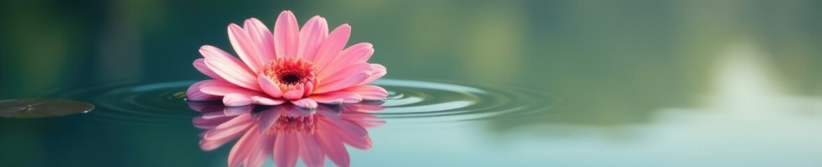 Fototapeta premium Soft pink gerbera floats serenely on calm water surface, water reflection, calm scene, neutral tones