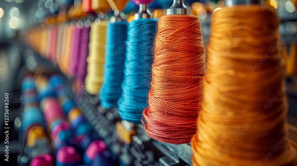 Poster in a textile workshop, spools of thread in various vibrant colors are organized neatly on shelves, i