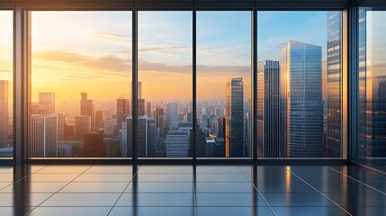 Fototapeta premium Stunning Cityscape View from Modern Office with Floor to Ceiling Windows at Sunset : Generative AI