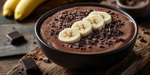 Delicious chocolate banana smoothie bowl topped with fresh banana slices and dark chocolate pieces on a rustic wooden table