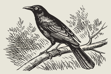  Black bird, detailed feathers, perched on branch, realistic illustration, graphite drawing style, side profile, sharp beak, round eye, textured background, monochrome, fine line work, ornithologica