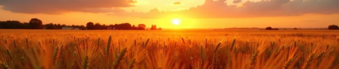 Fototapeta premium Soft orange hues dance across the golden wheat field as sunset descends slowly, daytime, sunset colors