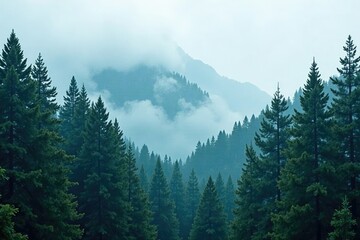 Tall mountain pine trees amidst misty weather, arborist, forest canopy